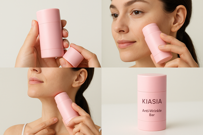 4-panel collage van de KIASIA Anti-Wrinkle Bar in gebruik