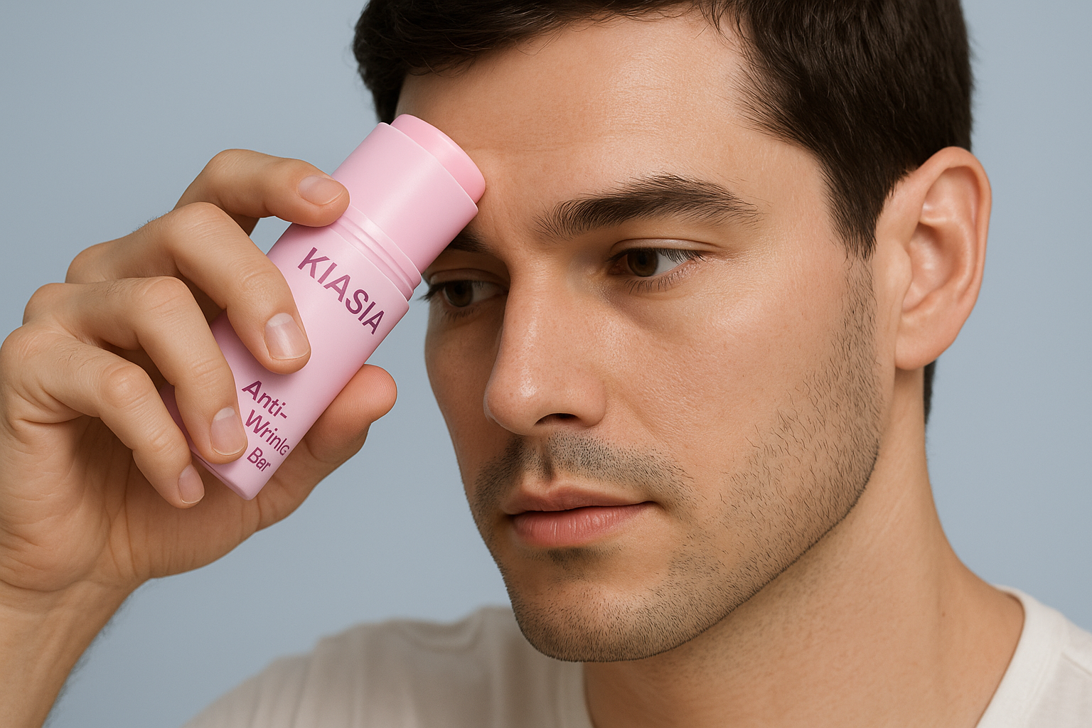 Een man die de KIASIA Anti-Wrinkle Bar gebruikt met beide teksten zichtbaar op het product