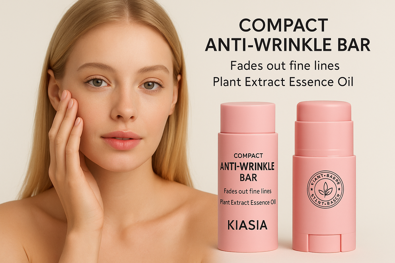 Jonge vrouw met KIASIA Anti-Wrinkle Bar productinformatie