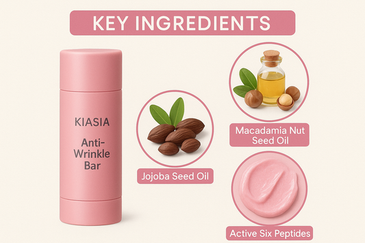KIASIA Anti-Wrinkle Bar met belangrijkste ingrediënten en beide teksten op het product