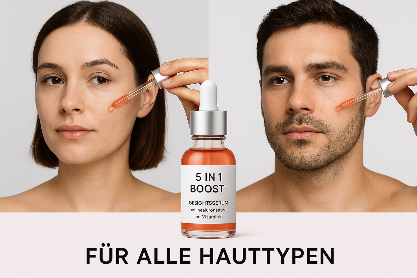 Man en vrouw die lichter rood-oranje/koraal 5 in 1 Boost™ Gesichtsserum mit Hyaluronsäure und Vitamin E gebruiken - Für Alle Hauttypen
