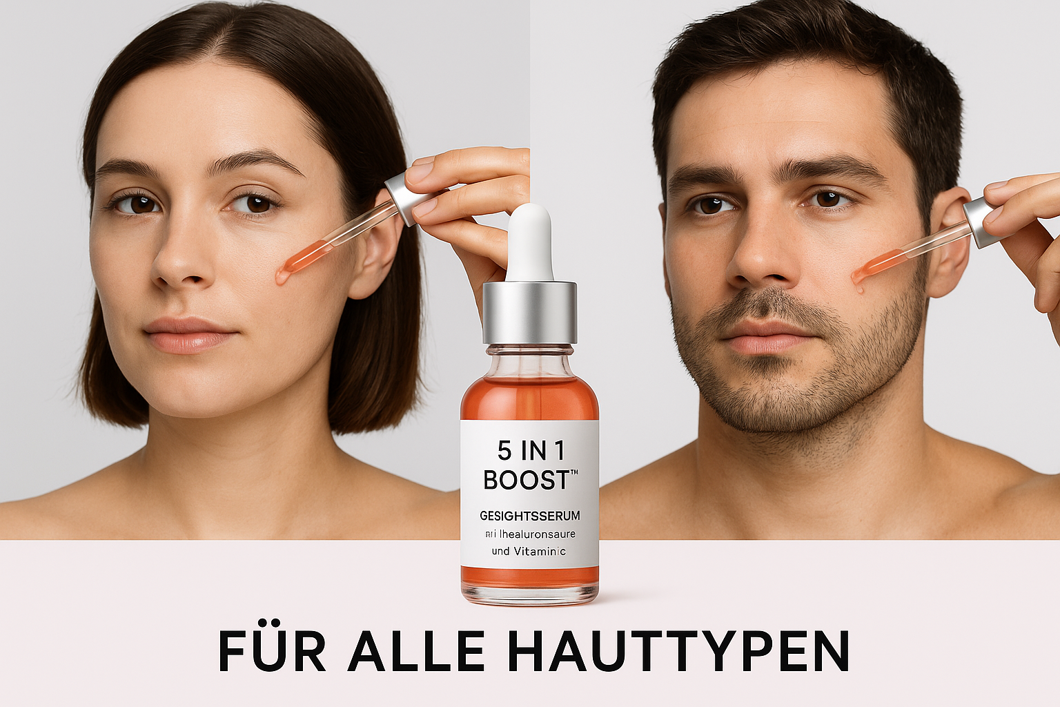 Man en vrouw die lichter rood-oranje/koraal 5 in 1 Boost™ Gesichtsserum mit Hyaluronsäure und Vitamin E gebruiken - Für Alle Hauttypen