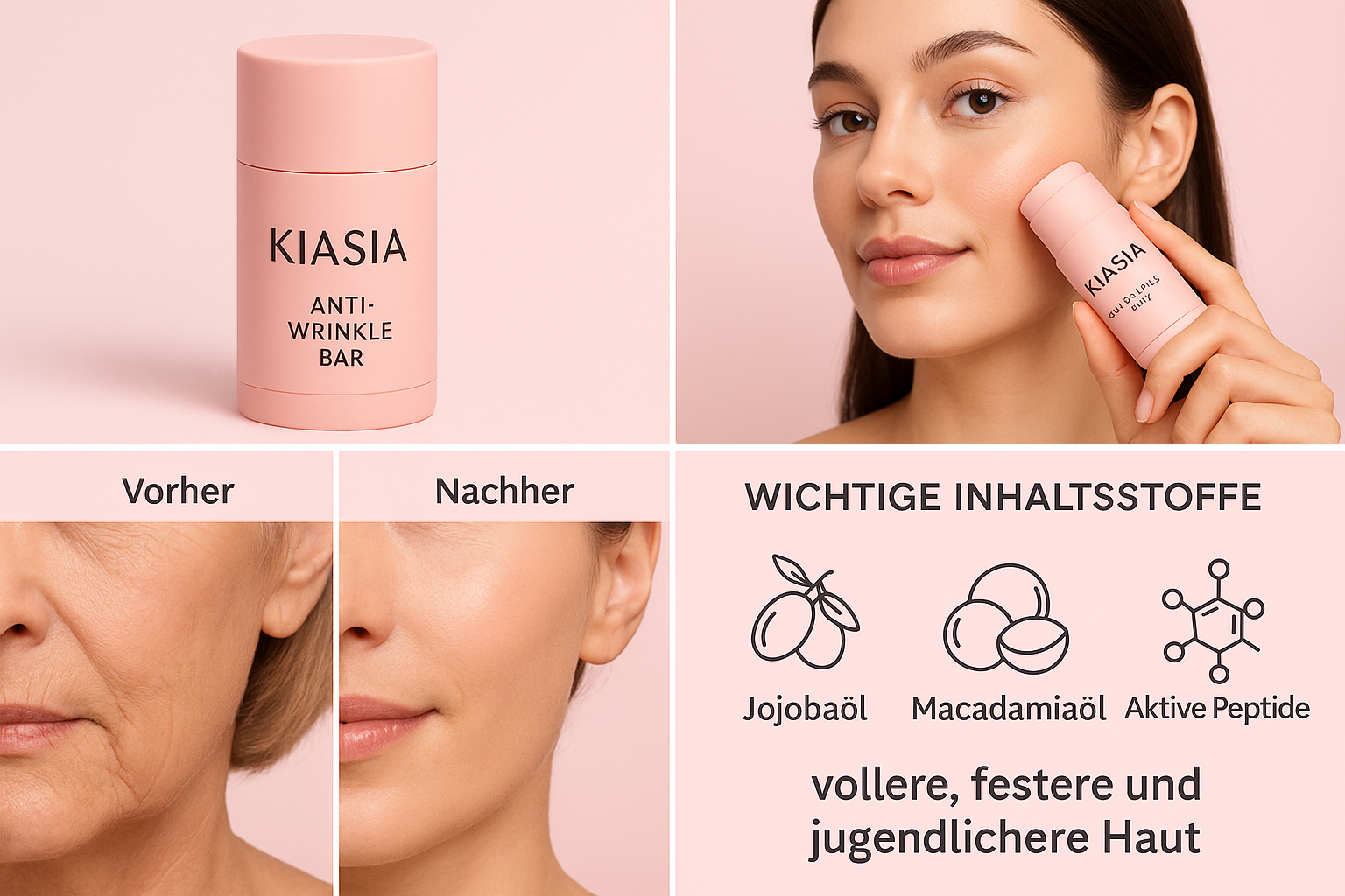Uitgebreide marketingafbeelding voor de KIASIA Anti-Wrinkle Bar met product, toepassing, resultaten en ingrediënten