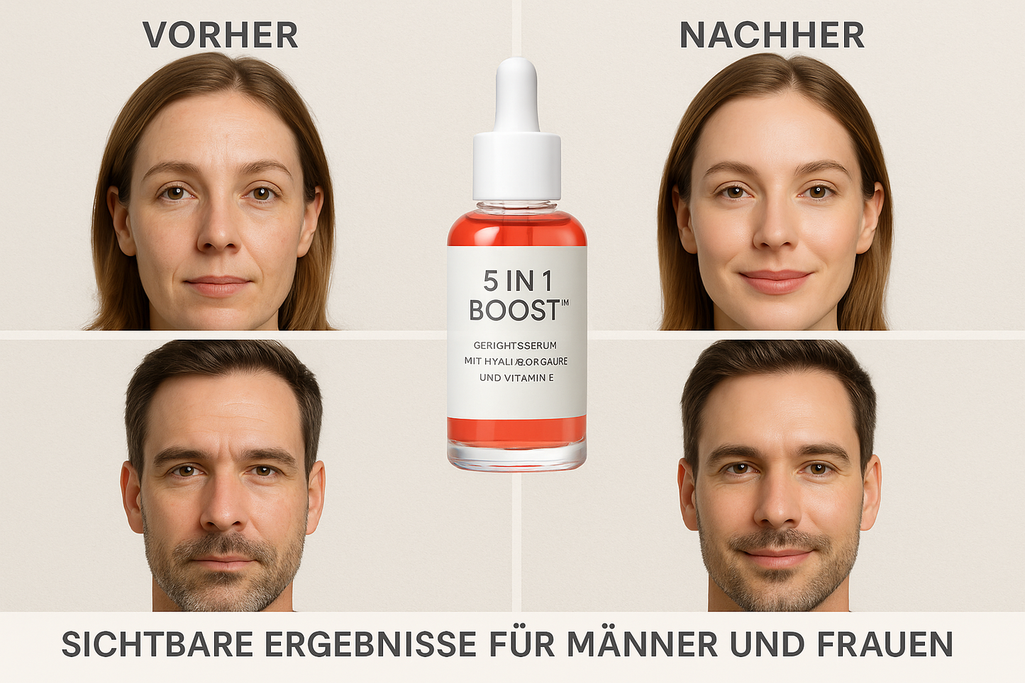 Voor- en na-vergelijking van lichter rood-oranje/koraal 5 in 1 Boost™ Gesichtsserum mit Hyaluronsäure und Vitamin E - Sichtbare Ergebnisse für Männer und Frauen