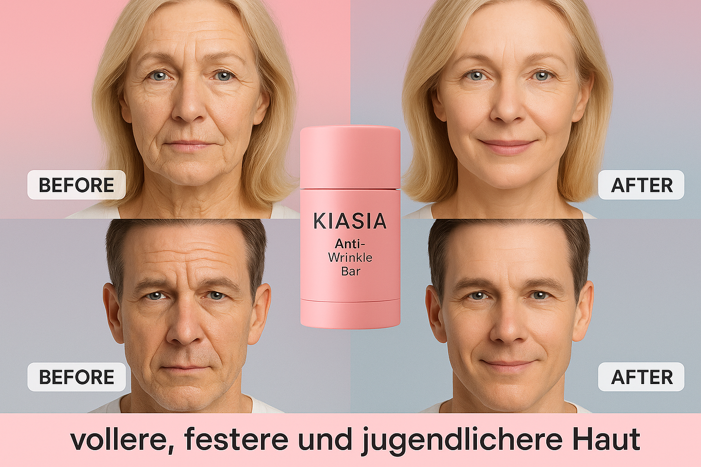 Voor- en na-vergelijking voor zowel mannen als vrouwen met de KIASIA Anti-Wrinkle Bar, met beide teksten zichtbaar