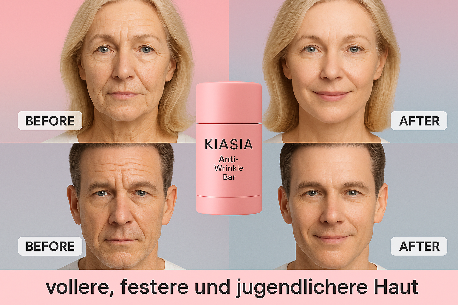 Voor- en na-vergelijking voor zowel mannen als vrouwen met de KIASIA Anti-Wrinkle Bar, met beide teksten zichtbaar