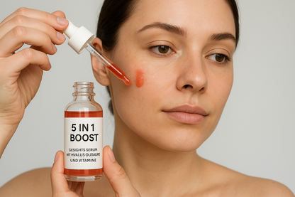 Vrouw die lichter rood-oranje/koraal 5 in 1 Boost™ Gesichtsserum mit Hyaluronsäure und Vitamin E gebruikt